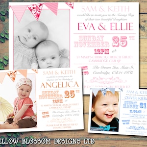 10 Gemeinsame Baby Taufe Geburtstag Namenszeremonie Tag Taufe Einladungen Junge Mädchen Zwillinge Unisex Bedruckte Fotokarte Wimpelkette Orange Rosa Blau