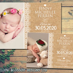 10 Dentelle Rustique Nautral vintage Naissance Bébé Nouveau-Né Annonce Merci Cartes Garçon Fille Jumeaux Unisexe Photo Imprimée Personnalisée Sur Mesure