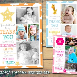 10 enfants Cartes de remerciement Photo Garçon Fille Jumeaux Fête commune Baptême Anniversaire Nom Jour Baptême PersonnaliséFleur Girafe Étoiles Bleu Rose