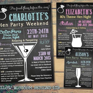 10 Hen Night Weekend Itinéraire Party Invitations Bespoke Personnalisé Cocktail Verre Martini Champagne Rose Bleu Noir Blanc Jaune Vert