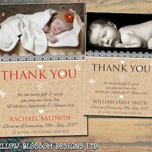 10 Mariposas Encaje Rústico Nautral Vintage Nacimiento Bebé Recién Nacido Anuncio Gracias Tarjetas Boy Girl Twins Unisex Printed Photo Personalizado