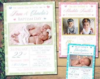 Invitaciones de bautismo personalizadas para niños, niñas, gemelos, día del nombre, imprimibles y descargables digitales, unisex, con foto.