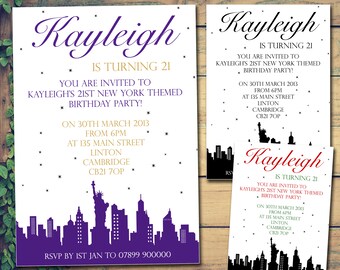 10 New York Skyline Personalised Birthday Party Celebration Invitations Printed Cadburys Purple Gold Red Black White Invites 18th 21st 30th