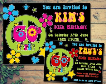PRINTABLE DIGITAL DOWNLOADABLE Personalised Birthday Party Celebration Invitations Printed Adult 60&#39;s 60 Themed Invites Peace Love Hippie