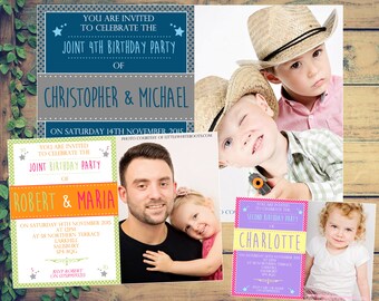 10 Joint Party Invitations Boy Girl Twins Birthday Party Invitations Printed Invites Children Adult Kids Sister Brother Friends Personalised