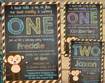 10 Chalkboard Blackboard Monkey Is Turning One Two 1st 2nd Birthday Party Invitations Child Kids Invites Printed Personalised Boy Girl