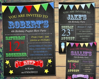 10 Funky Chalk Board Bunting Poster Style Invitations Stars Ice Cream Party Invites Owls Boys Girls Twins Joint Printed Personalised