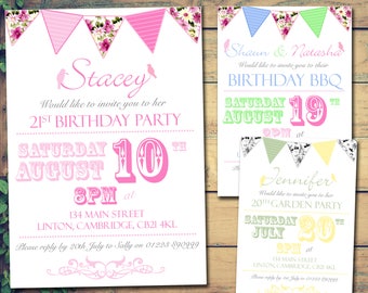 10 Rustic Shabby Chic Garden BBQ Personalised Birthday Party Celebration Invitations Printed Invites Bunting Birds 21st 30th 40th 50th 60th