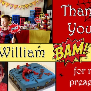 10 biglietti di ringraziamento stampati per bambini con foto di supereroi, ragni, feste di compleanno, battesimi, onomastici, personalizzati