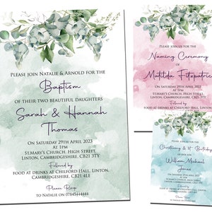 10 Personalisierte Taufeinladungen Taufe Namensgebung Gemeinsame Junge Mädchen Grün Zwillinge Unisex Blau Rosa Grün