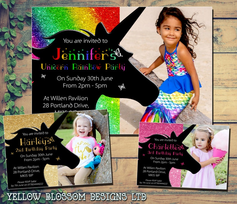 Personalised Childrens Birthday Invitations Printed Invites Boy Girl Joint Party 1st 2nd 3rd 4th 5th Unicorn Magical Rainbow Photo Card Kids image 1