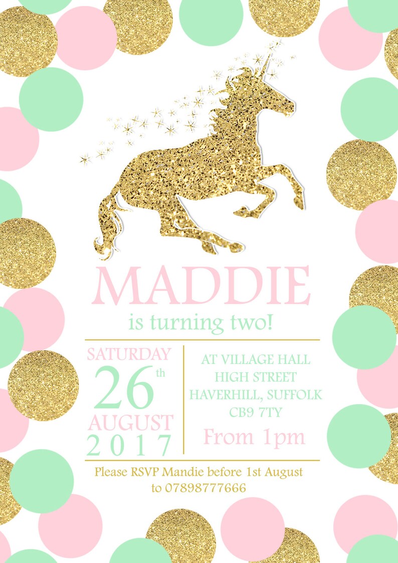 10 Personalised Children's Birthday Party Invitations Unicorn Glitter Effect Dots Pink Purple Orange Blue Silver Gold Girlie Fantasy Boy image 5