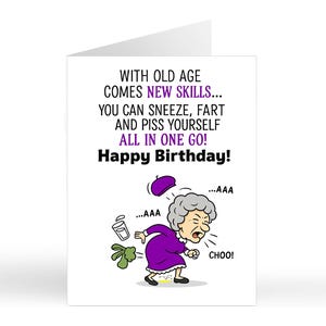 Divertente biglietto di auguri per NUOVE ABILITÀ / Per lei / Mamma / Migliore amica / Sorella / Starnuto / Bagnarsi addosso / Biglietti umoristici per adulti