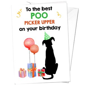 May include: A birthday card with a black silhouette of a dog wearing a green party hat. The card says "To the best POO PICKER UPPER on your birthday". There are red and orange balloons and wrapped presents in the image.