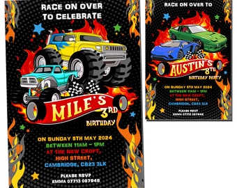 PRINTABLE DIGITAL DOWNLOADABLE Personalised Party Invitations Invites Hot Boys Girls Cars Monster Speed Racing Track Truck Kids Child Wheels