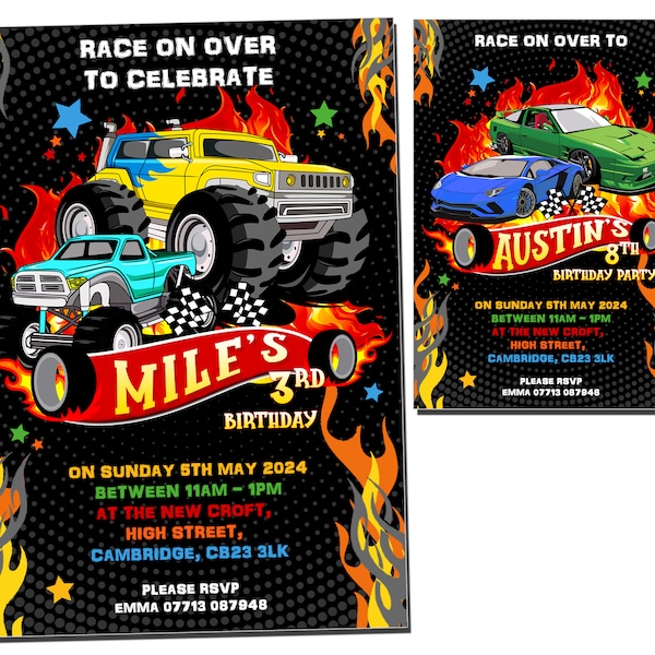 PRINTABLE DIGITAL DOWNLOADABLE Personalised Party Invitations Invites Hot Boys Girls Cars Monster Speed Racing Track Truck Kids Child Wheels