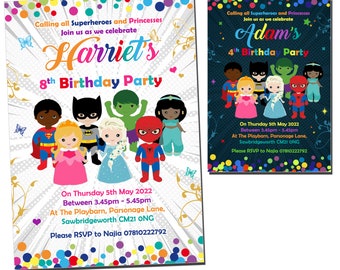 Superhero Birthday Invitation Princess Party Invitations Invites Superheroes Cute Boy Girl Bold Comic Super Hero Children Personalised Kids