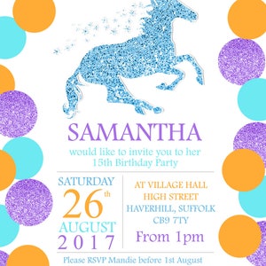 10 Personalised Children's Birthday Party Invitations Unicorn Glitter Effect Dots Pink Purple Orange Blue Silver Gold Girlie Fantasy Boy image 4