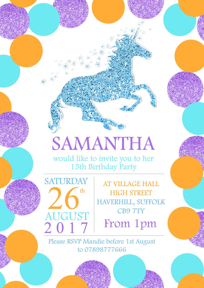 10 Personalised Children's Birthday Party Invitations Unicorn Glitter Effect Dots Pink Purple Orange Blue Silver Gold Girlie Fantasy Boy image 4