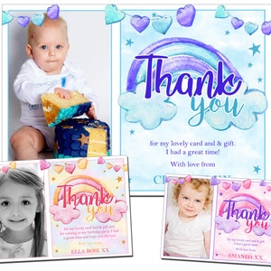 10 Personalised Photo Thank You Birthday Party Kids Boy Girl Rainbow Watercolour