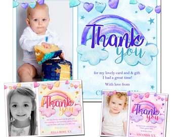 10 Personalised Photo Thank You Birthday Party Kids Boy Girl Rainbow Watercolour