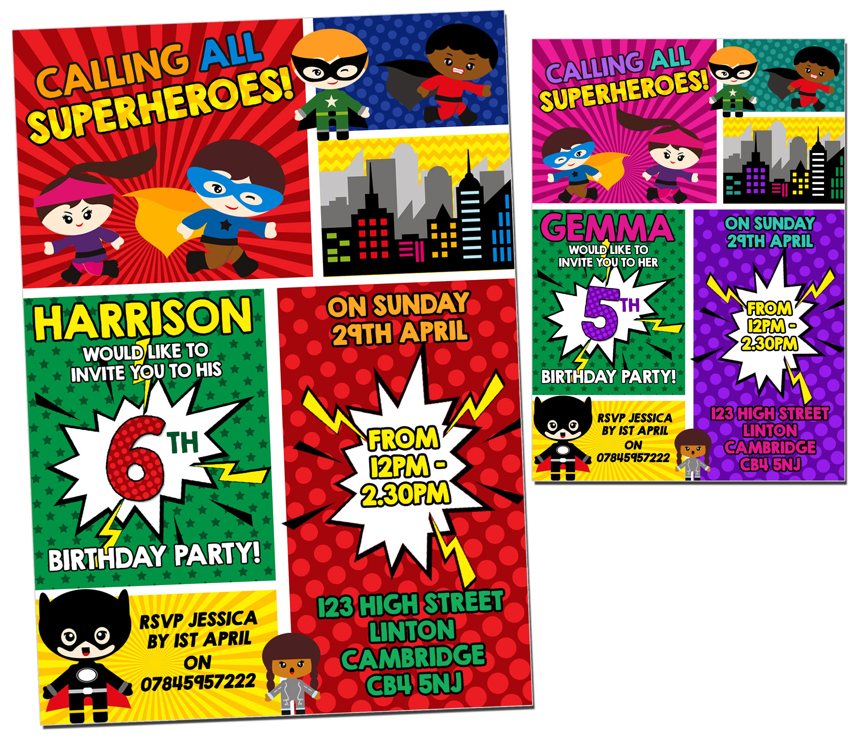 PRINTABLE DIGITAL DOWNLOADABLE Personalised Superhero Birthday Invitations Party Invites Childrens Kids Boys Girls Unisex Power Superheroes