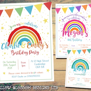 IMPRIMÍVEL DIGITAL PARA BAIXAR Convites arco-íris personalizados para festa de aniversário, batizado conjunto de meninos e meninas