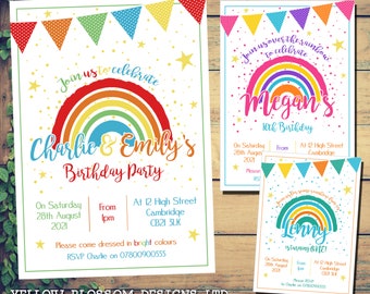 PRINTABLE DIGITAL DOWNLOADABLE Personalised Rainbow Invitations Birthday Party Boy Girl Joint Christening