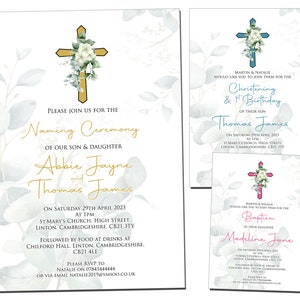 10 Personalised Christening Invitations Baptism Naming Day Cross Boy Girl Unisex 1st Birthday Party Invites Confirmation Floral Greenery
