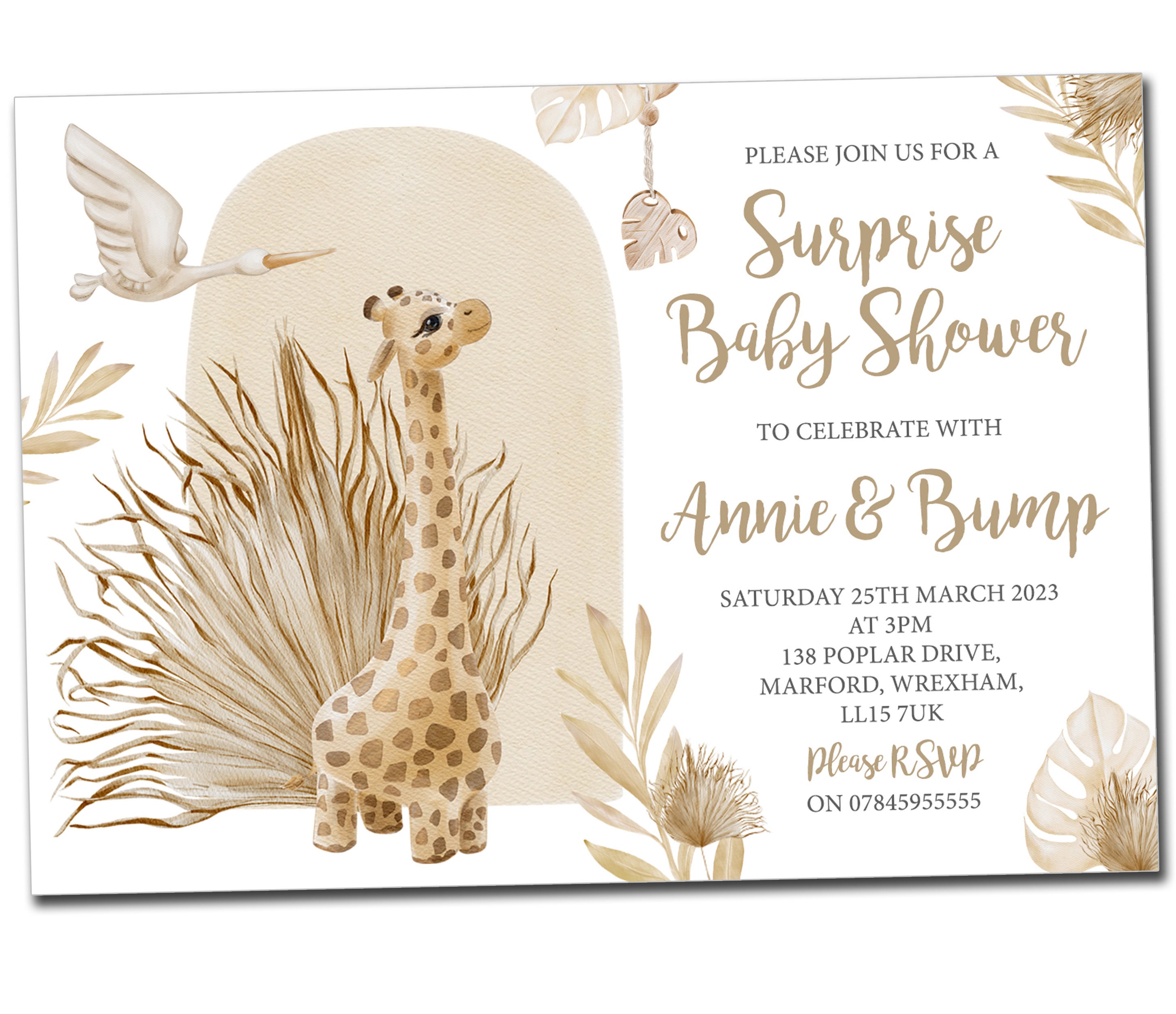 10 personalisierte Babypartyeinladungen lädt Boho Shab Chic Jungen Mädchen Giraffe Tier Schwangerschaft New Born