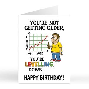 Divertente biglietto di auguri di compleanno "LIVELLAMENTO VERSO IL BASSO" / Per lui / Papà / Migliore amico / Fratello / Invecchiare / Scontroso / Biglietti di auguri comici per adulti