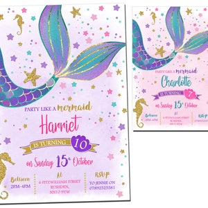 IMPRIMIBLE DIGITAL DESCARGABLE Sirena personalizada Invitaciones de cumpleaños Fiesta Invita a niños Niños Mar