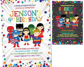PRINTABLE DIGITAL DOWNLOADABLE Personalised Kids Superhero Invitations Invites Superheroes Cute Boy Girl Bold Comic Super Hero Kid Children