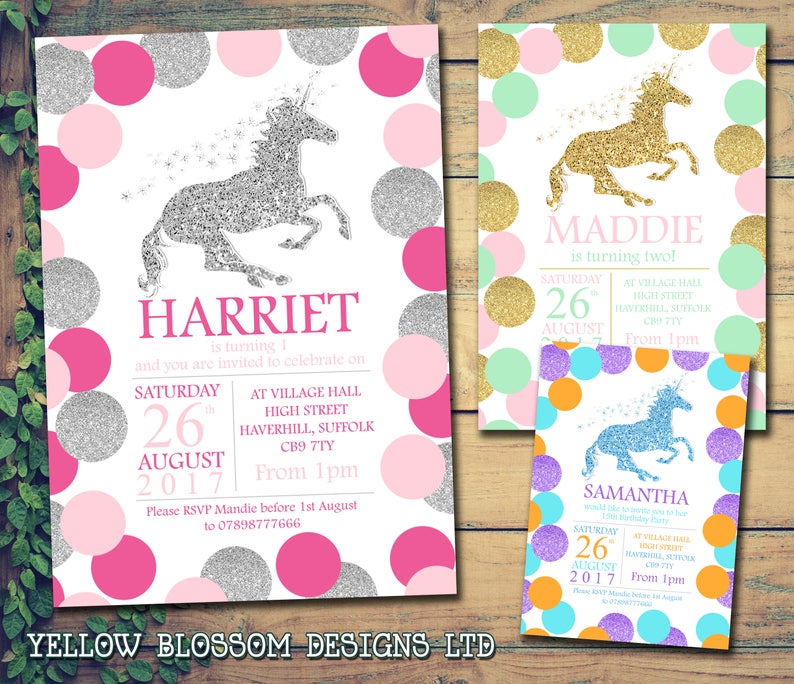 10 Personalised Children's Birthday Party Invitations Unicorn Glitter Effect Dots Pink Purple Orange Blue Silver Gold Girlie Fantasy Boy image 1