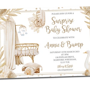 10 personalisierte Babypartyeinladungen lädt Boho Shabby Chic Jungen Mädchen Unisex Korb Krippe Überraschungsparty ein