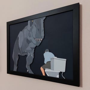 Jurassic Park toiletscène kunst aan de muur decor, 3D Jurassic Park ingelijste muurkunst, Raptor wanddecor, figuurzaagkunst, houtkunst, 3D-kunst, filmkunst
