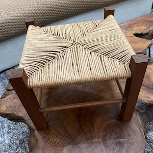 Handcradfted Vintage Woven Rush & Wood Footstool