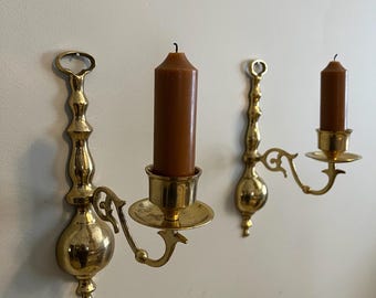 Vintage Brass Candle Sconces Set of 2 • Ornate Wall Mounted Candle Holders • Heavy Solid Brass Wall Decor • Mid Century Brass Candlesticks