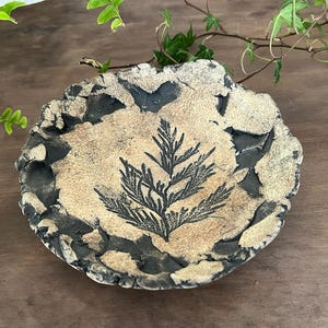 May include: A handmade, round ceramic dish with a natural, organic aesthetic. The dish features a central fern imprint in black against a tan background, framed by a dark, textured border. The rustic design is suitable for home decor.