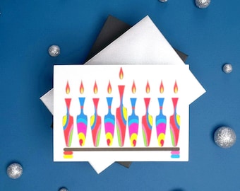 Hannukah Jewish Greeting Card - Colorful Vase Menorah / Hanukkah, Chanukkah, Channukah