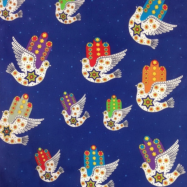 Hamsa Dove of Peace Jewish Judaica Fabric on Blue / Sold in 1/2 Yd Increments / Multiple Yards Available