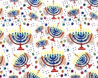 Ribbon Menorah Hanukkah Fabric on White / Menorahs, Dreidels / Sold in 1/2 Yd Increments / Multiple Yards Available - BRAND NEW FABRIC