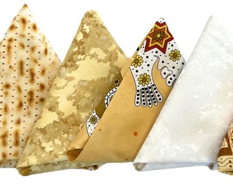 Jewish Fat Quarter Bundles #54 - Beige & White Tone Fabrics / Stars / Matzoh / Hebrew Letters / Dove of Peace