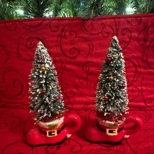 Adorable Mini Santa Boot  Mug with Decorated Bottle Brush Tree