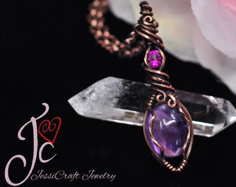Amethyst and vivid pink lab created ruby wire wrapped pendant