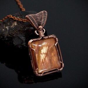 Wire wrapped sunstone necklace pure copper square crystal minimalist unisex boho gemstone pendant