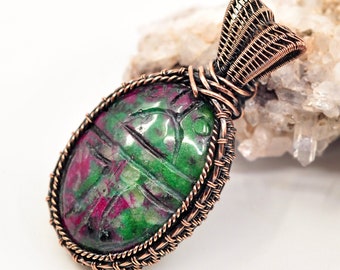 Ruby zoisite scarab necklace, scarab pendant, statement necklace, pure copper jewelry, copper wire wrap gemstone, ruby zoisite pendant