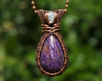 Charoite and rainbow moonstone necklace multi stone pure copper wire wrap purple crystal flashy blue moonstone boho gemstone pendant