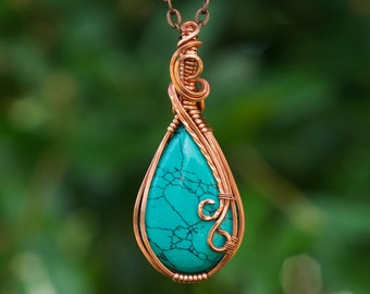 Wire wrap howlite necklace turquoise howlite pendant faux turquoise pure copper boho wire wrap crystal gemstone necklace