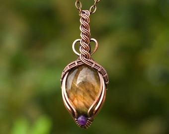 Flashy orange labradorite pure copper boho wire wrapped crystal gemstone unisex pendant Celtic style wire braid bail purple amethyst accent